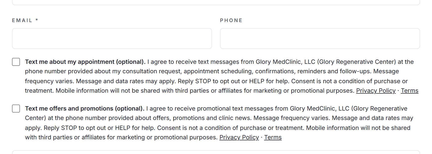 The details step of the consultation booking form showing the phone number field and, beneath it, two separate unchecked checkboxes with their full consent wording: one for appointment text messages and a standalone one for promotional text messages.