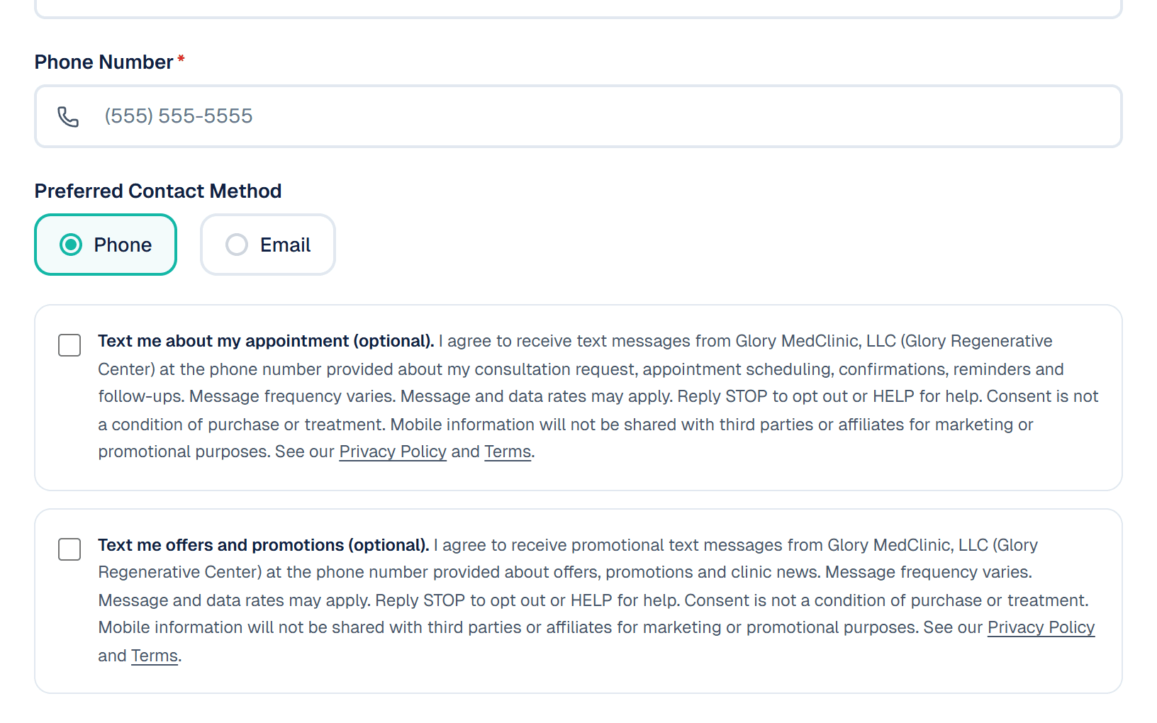 The consultation form showing the phone number field and, directly beneath it, two separate unchecked checkboxes with their full consent wording: one for appointment text messages and a standalone one for promotional text messages.